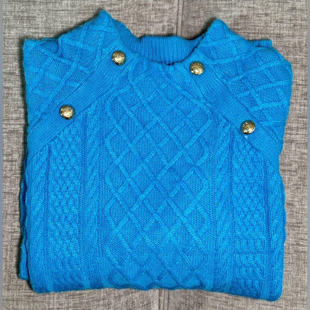 Talbots Cable Knit Sweater – Women’s XL – Blue with Gold Button Accents